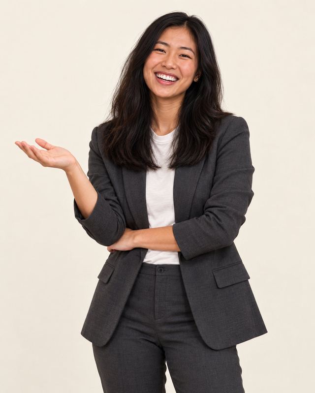 Consultora sorrindo, com a mão aberta apontando para o texto