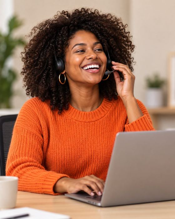 Consultora comercial ao telefone, sorrindo
